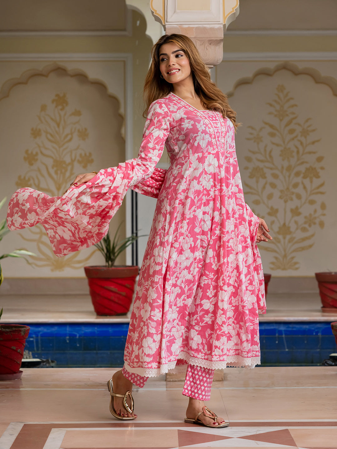 Jaitpuriya Women Pink Pure Cotton Anarkali Kurta Bottom Dupatta set