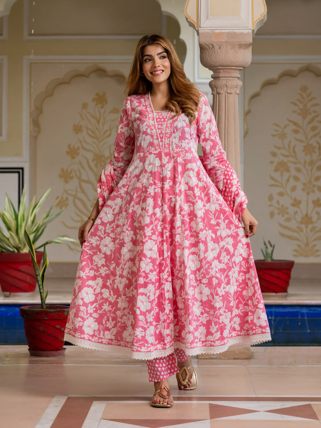 Jaitpuriya Women Pink Pure Cotton Anarkali Kurta Bottom Dupatta set