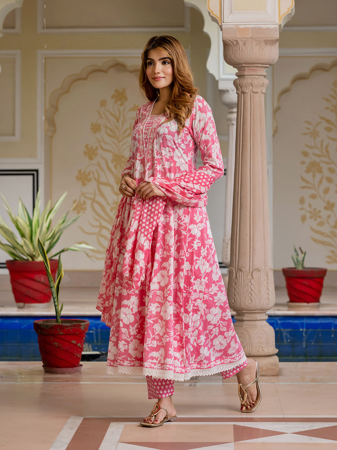 Jaitpuriya Women Pink Pure Cotton Anarkali Kurta Bottom Dupatta set