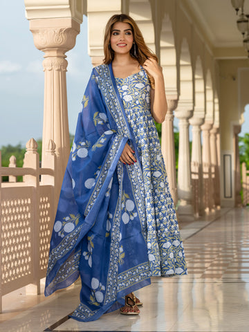 Jaitpuriya Women Navy Blue Pure Cotton Anarkali Kurta Bottom Dupatta set