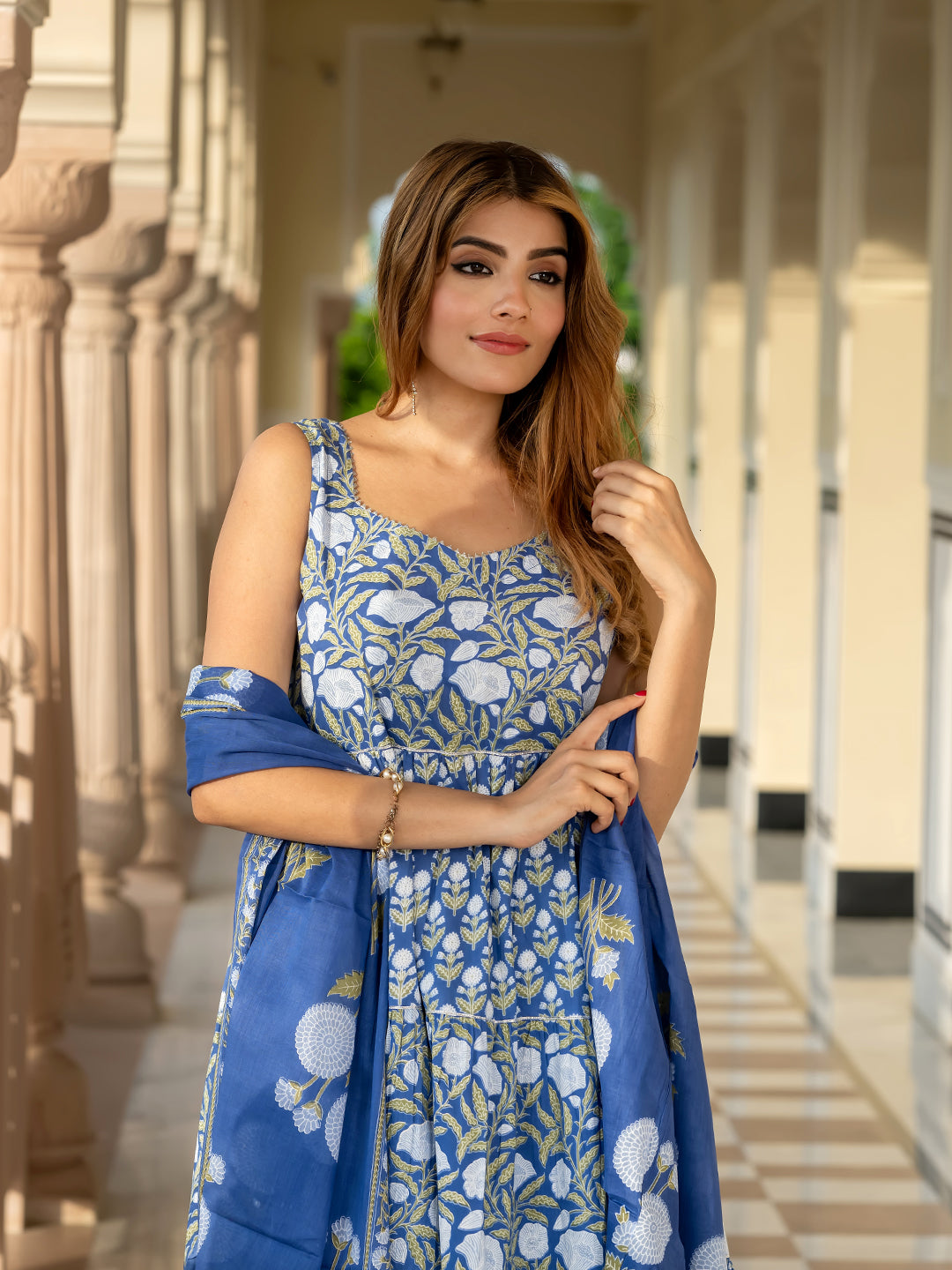Jaitpuriya Women Navy Blue Pure Cotton Anarkali Kurta Bottom Dupatta set