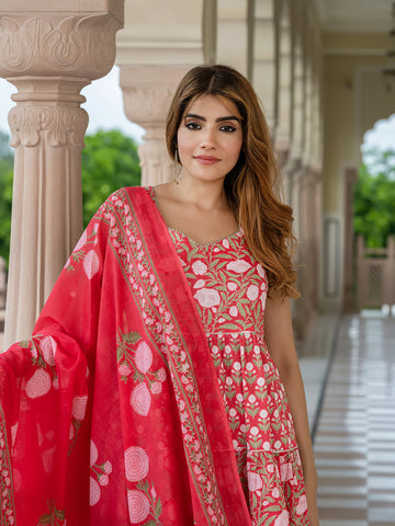 Jaitpuriya Women Pink Pure Cotton Anarkali Kurta Bottom Dupatta set