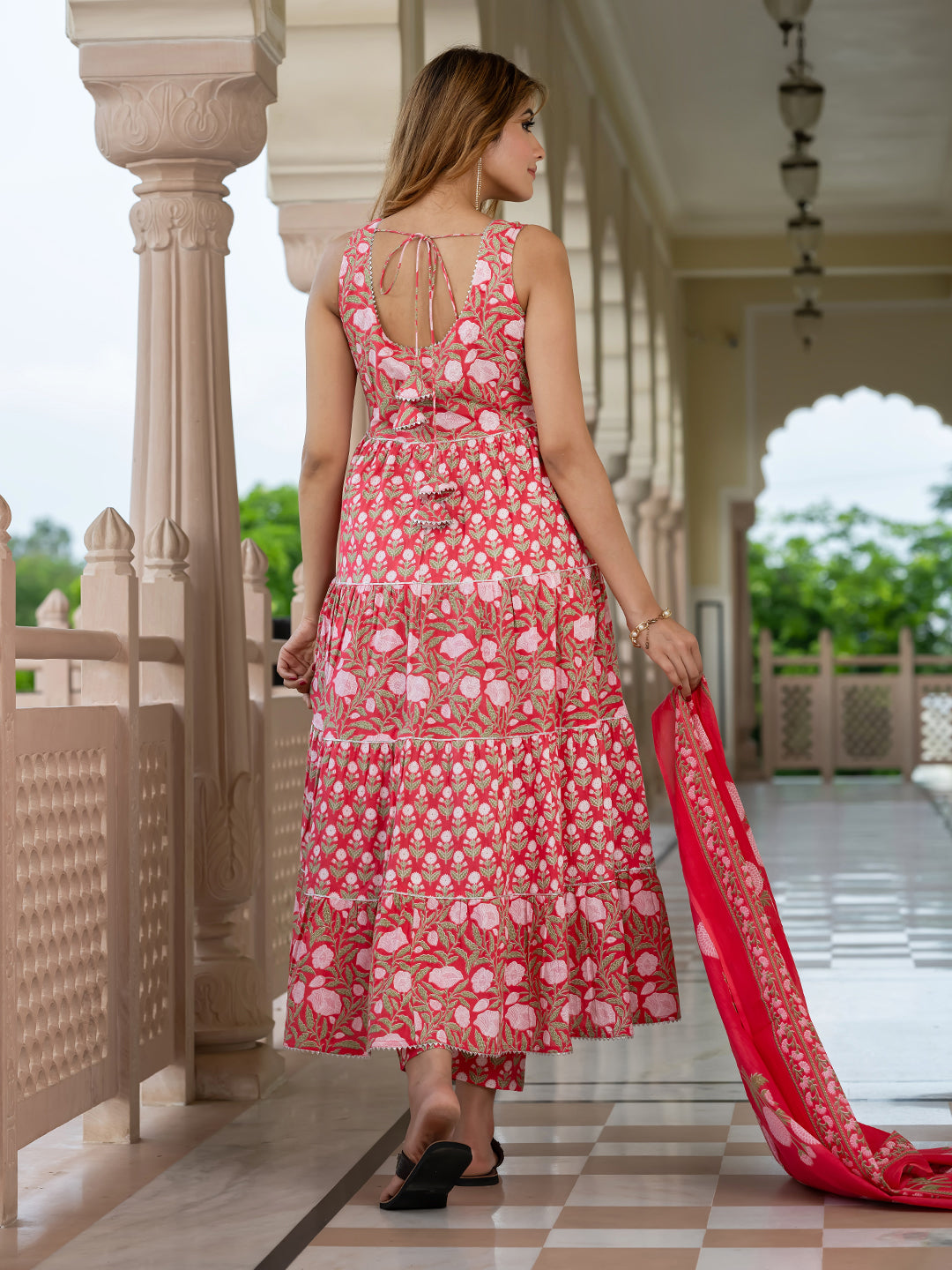 Jaitpuriya Women Pink Pure Cotton Anarkali Kurta Bottom Dupatta set