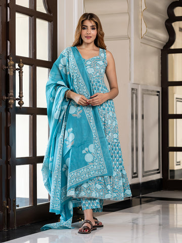 Jaitpuriya Women Sky Blue Pure Cotton Anarkali Kurta Bottom Dupatta set