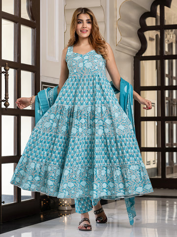 Jaitpuriya Women Sky Blue Pure Cotton Anarkali Kurta Bottom Dupatta set