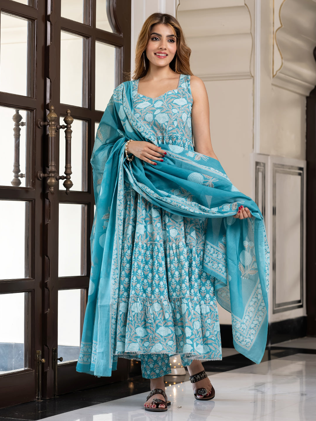 Jaitpuriya Women Sky Blue Pure Cotton Anarkali Kurta Bottom Dupatta set