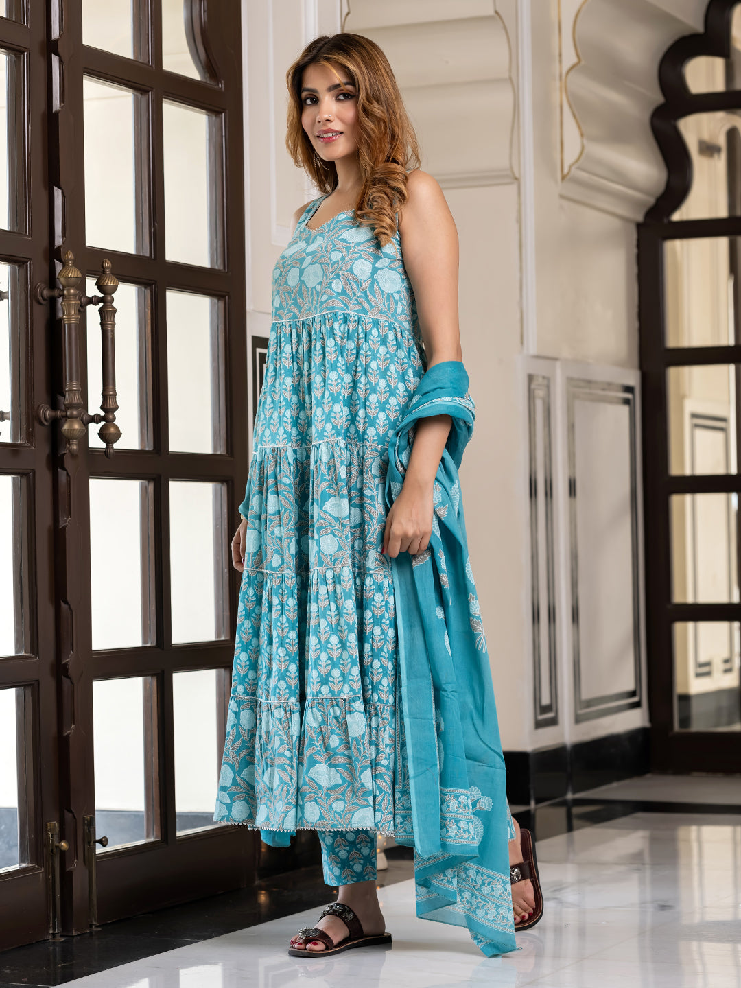 Jaitpuriya Women Sky Blue Pure Cotton Anarkali Kurta Bottom Dupatta set