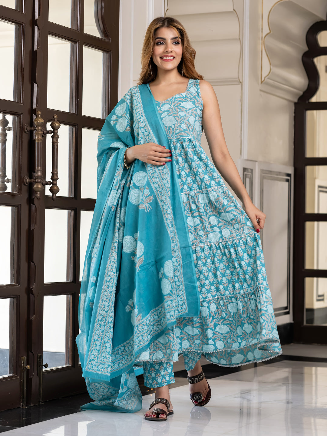 Jaitpuriya Women Sky Blue Pure Cotton Anarkali Kurta Bottom Dupatta set