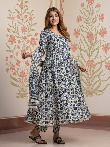 Jaitpuriya Women Cream Pure Cotton Anarkali Kurta Bottom Dupatta set