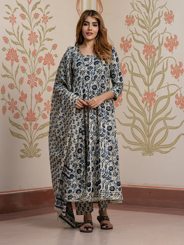 Jaitpuriya Women Cream Pure Cotton Anarkali Kurta Bottom Dupatta set