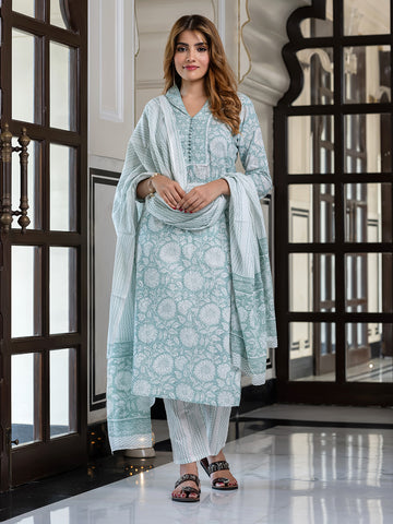 Jaitpuriya Women Green Pure Cotton Straight Kurta Bottom Dupatta set