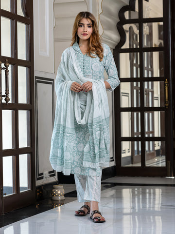 Jaitpuriya Women Green Pure Cotton Straight Kurta Bottom Dupatta set