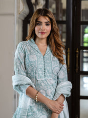 Jaitpuriya Women Green Pure Cotton Straight Kurta Bottom Dupatta set