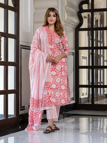 Jaitpuriya Women Red Pure Cotton Straight Kurta Bottom Dupatta set