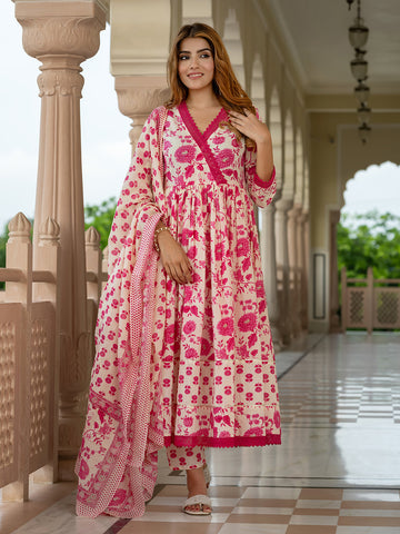 Jaitpuriya Women Pink And Cream Pure Cotton Anarkali Kurta Bottom Dupatta set