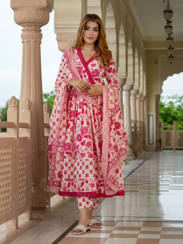 Jaitpuriya Women Pink And Cream Pure Cotton Anarkali Kurta Bottom Dupatta set