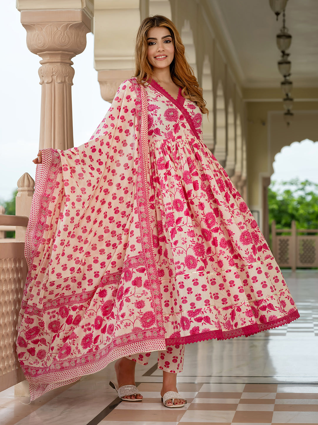 Jaitpuriya Women Pink And Cream Pure Cotton Anarkali Kurta Bottom Dupatta set