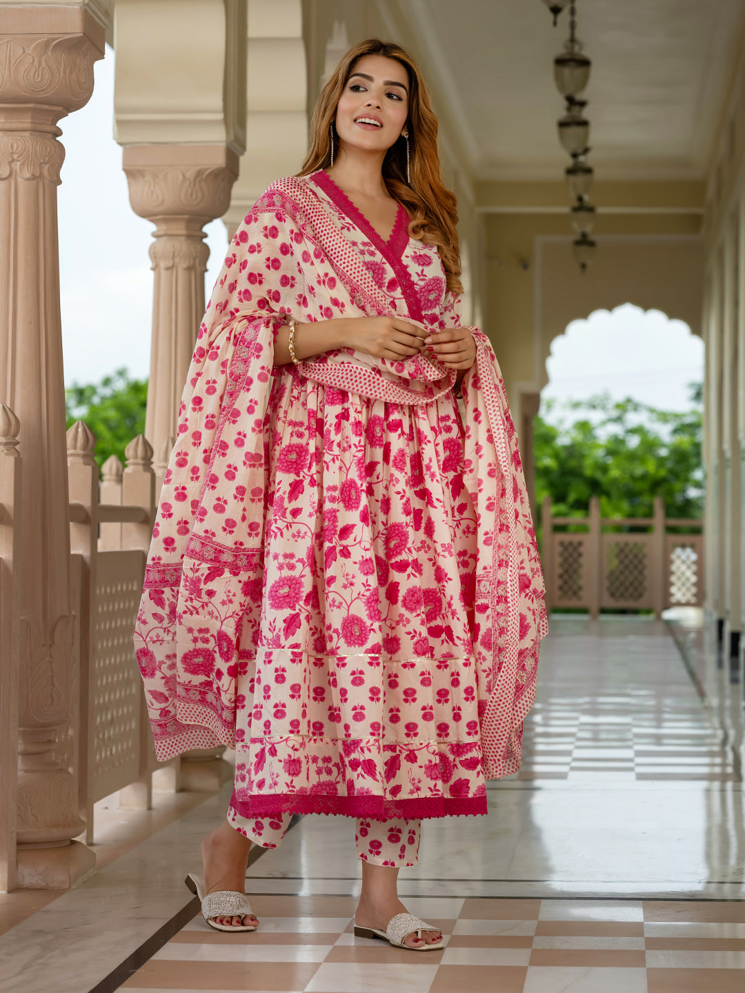 Jaitpuriya Women Pink And Cream Pure Cotton Anarkali Kurta Bottom Dupatta set