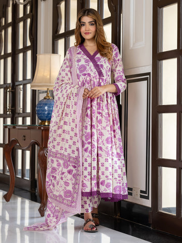 Jaitpuriya Women Purple And Cream Pure Cotton Anarkali Kurta Bottom Dupatta set