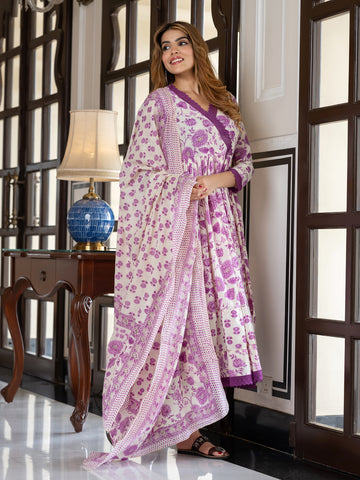 Jaitpuriya Women Purple And Cream Pure Cotton Anarkali Kurta Bottom Dupatta set