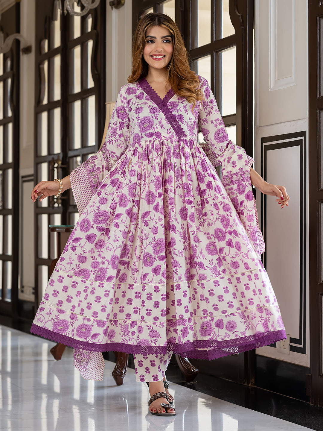 Jaitpuriya Women Purple And Cream Pure Cotton Anarkali Kurta Bottom Dupatta set