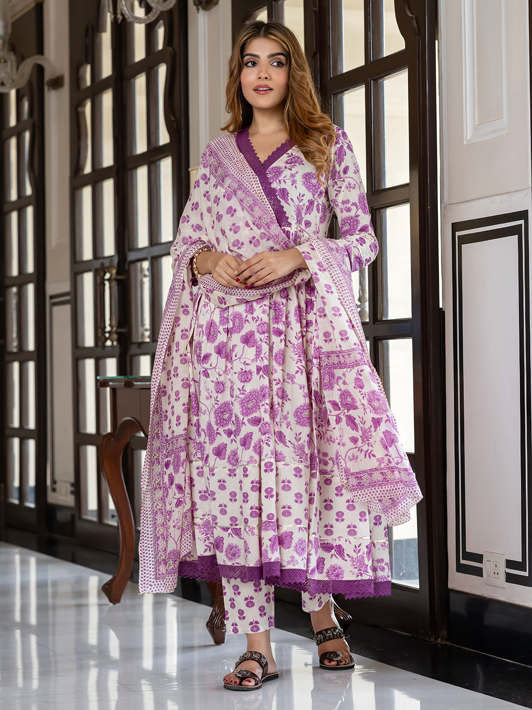 Jaitpuriya Women Purple And Cream Pure Cotton Anarkali Kurta Bottom Dupatta set