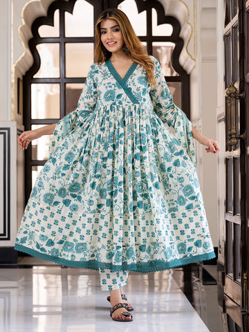 Jaitpuriya Women Teal Green And Cream Pure Cotton Anarkali Kurta Bottom Dupatta set