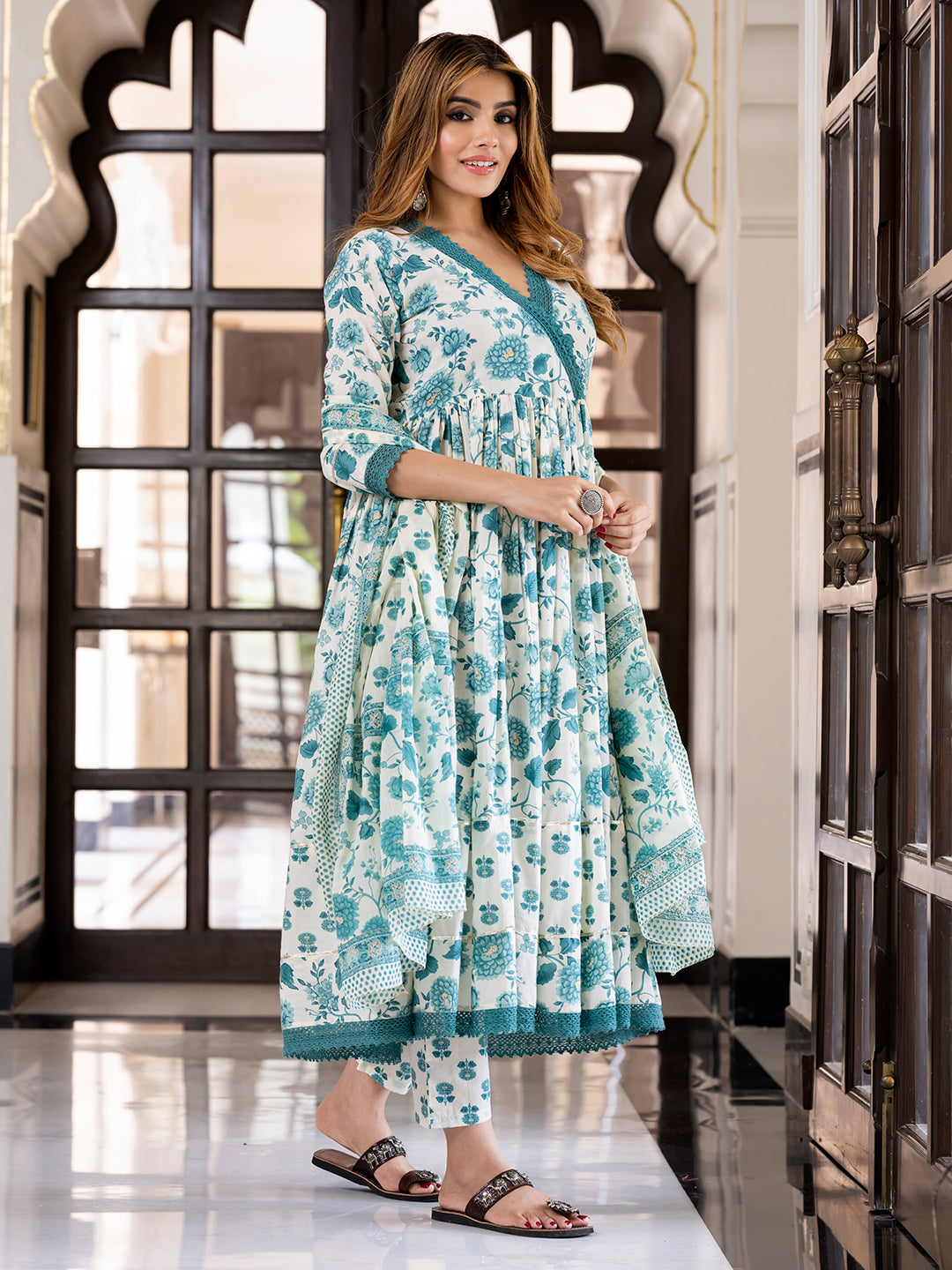 Jaitpuriya Women Teal Green And Cream Pure Cotton Anarkali Kurta Bottom Dupatta set