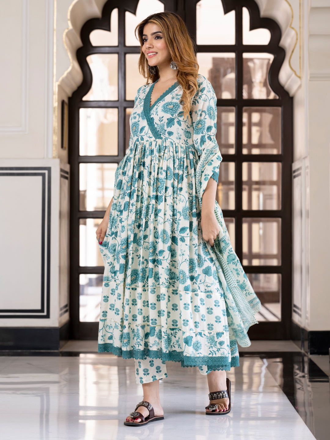 Jaitpuriya Women Teal Green And Cream Pure Cotton Anarkali Kurta Bottom Dupatta set