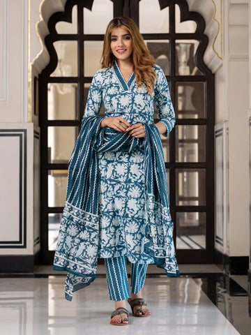 Jaitpuriya Women Teal Blue And Off White Pure Cotton Straight Kurta Bottom Dupatta set
