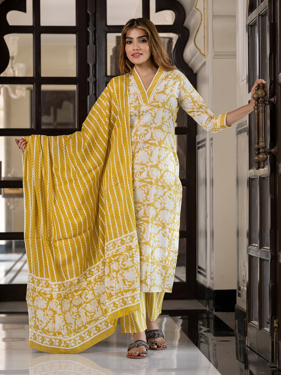 Jaitpuriya Women Mustard And Off White Pure Cotton Straight Kurta Bottom Dupatta set