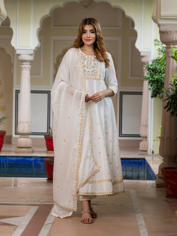 Jaitpuriya Women White Pure Cotton Anarkali Kurta Bottom Dupatta set