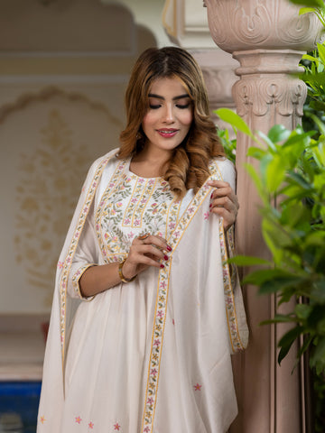 Jaitpuriya Women White Pure Cotton Anarkali Kurta Bottom Dupatta set