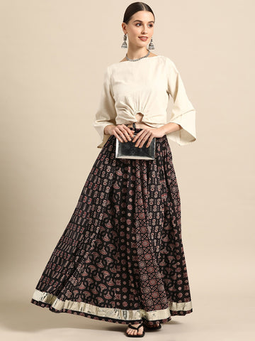 Black Printed Cotton A-Line Flared Maxi Skirt