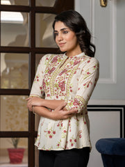 Jaitpuriya Women Brown And Off White Floral Print Peplum TOP