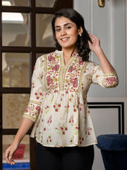 Jaitpuriya Women Brown And Off White Floral Print Peplum TOP
