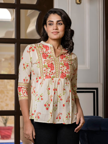 Jaitpuriya Women Orange And Off White Floral Print Peplum TOP