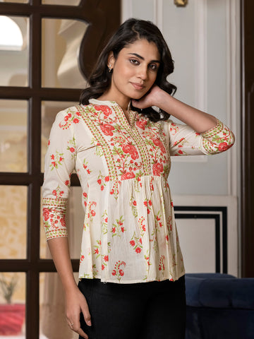 Jaitpuriya Women Orange And Off White Floral Print Peplum TOP