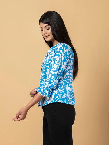 Jaitpuriya Women Turquoise Cotton Shrit Top