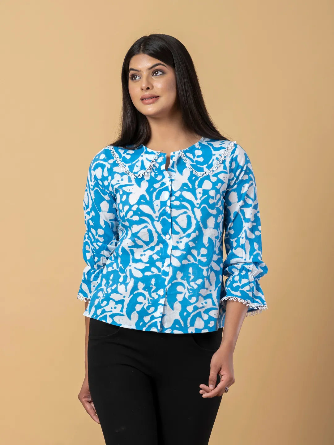 Jaitpuriya Women Turquoise Cotton Shrit Top