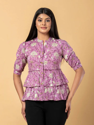 Jaitpuriya Women Mauve Cotton Shrit Top
