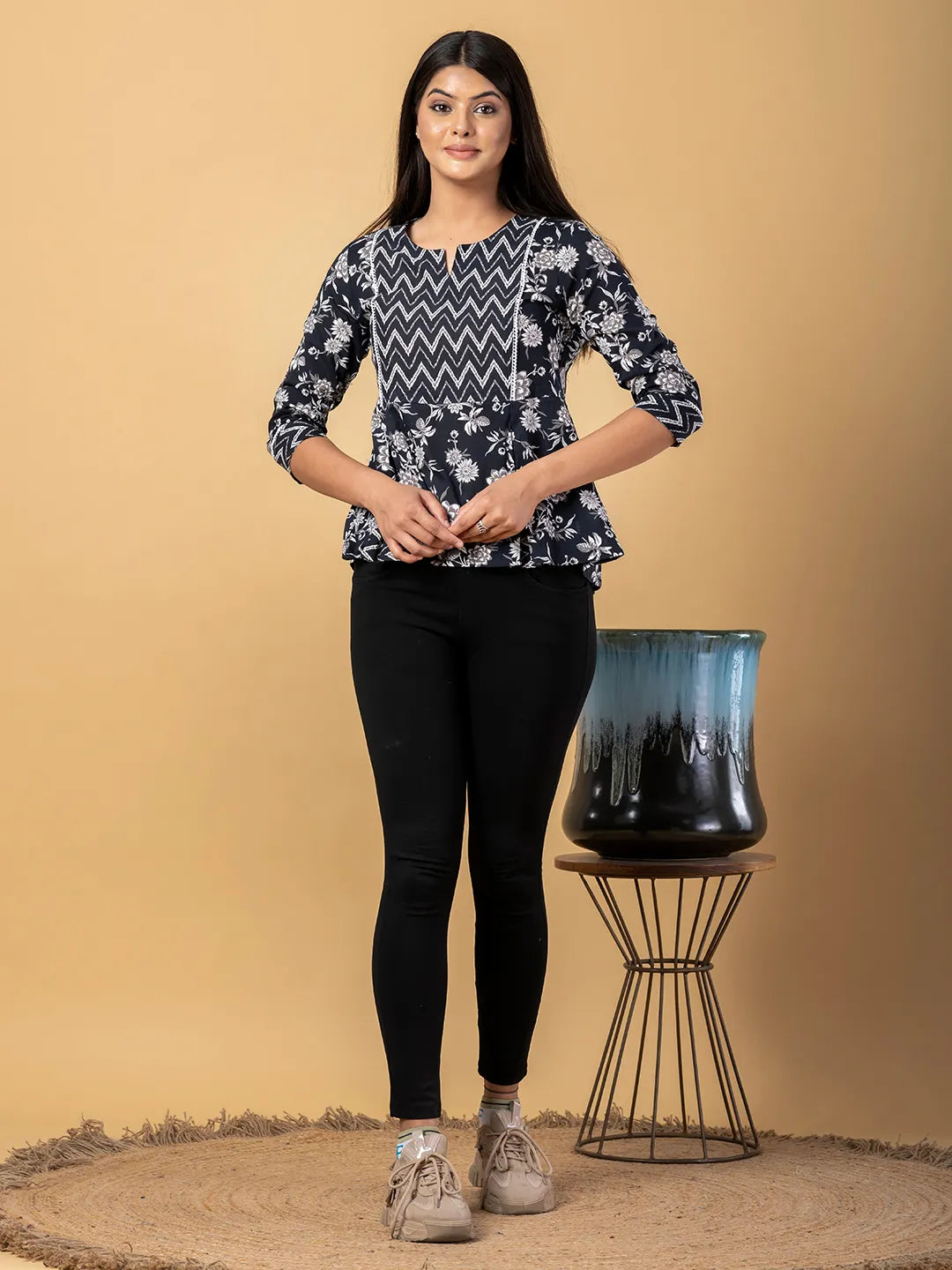 Jaitpuriya Women Black Cotton Cinched Waist Top