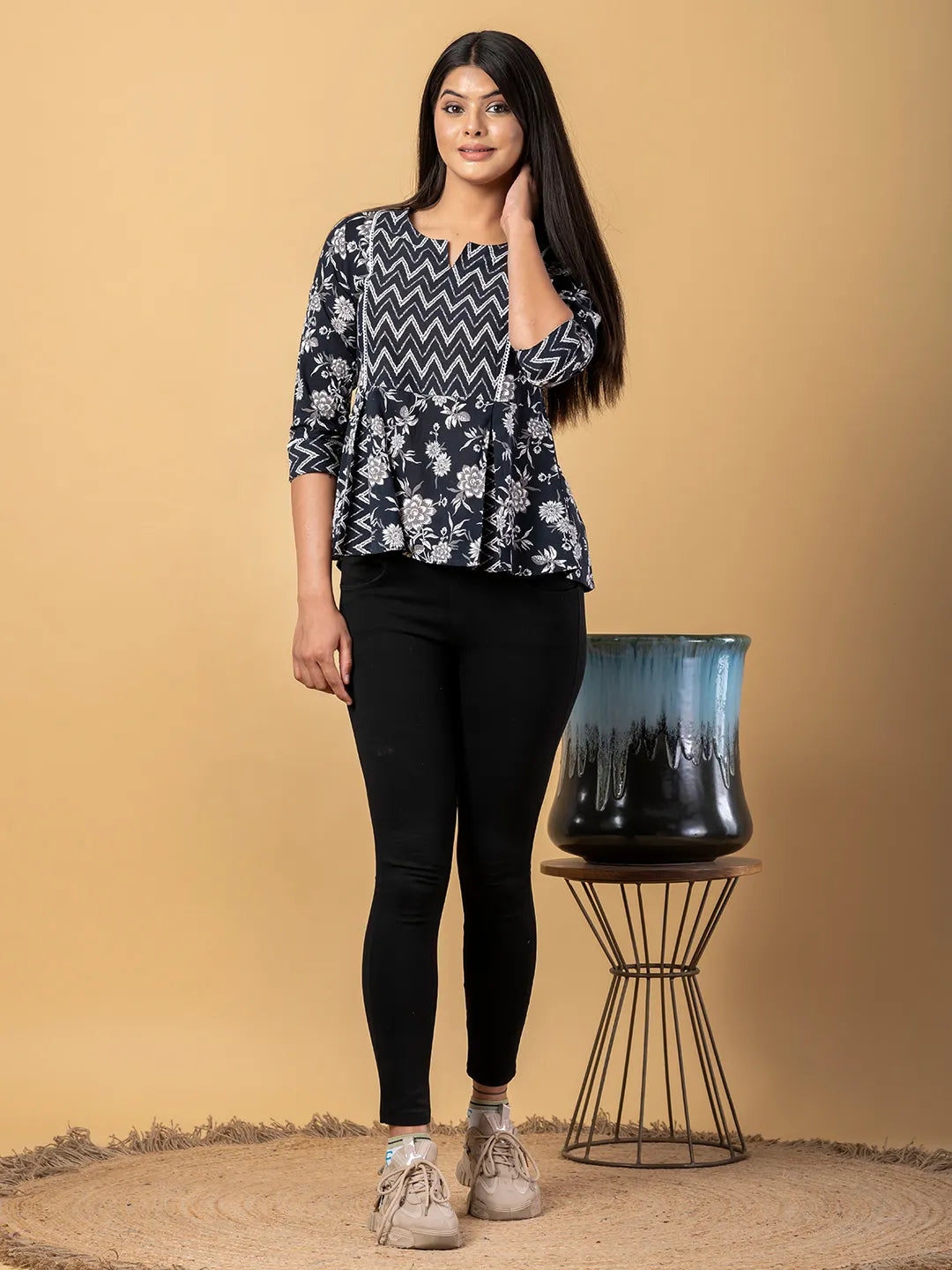 Jaitpuriya Women Black Cotton Cinched Waist Top