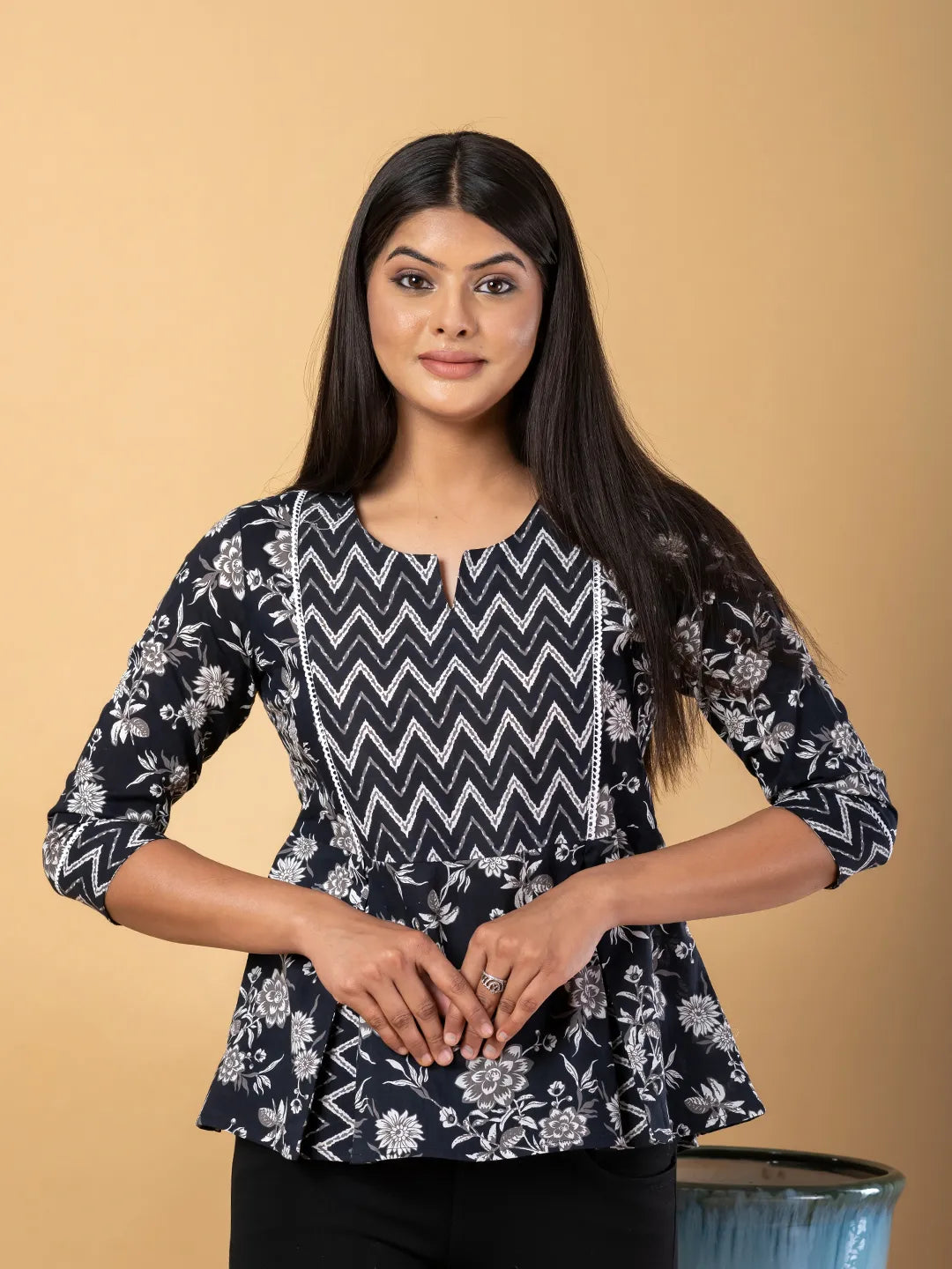 Jaitpuriya Women Black Cotton Cinched Waist Top