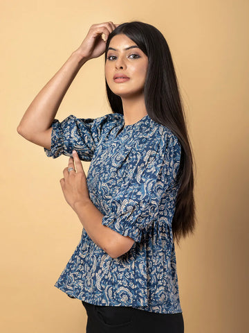 Jaitpuriya Women Blue And Beage Cotton Peplum Top