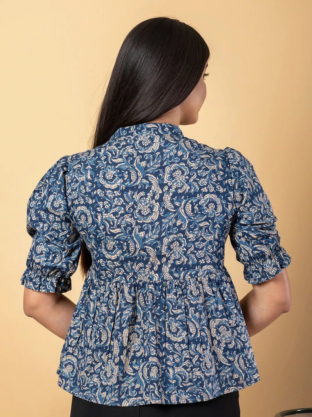 Jaitpuriya Women Blue And Beage Cotton Peplum Top