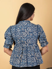 Jaitpuriya Women Blue And Beage Cotton Peplum Top