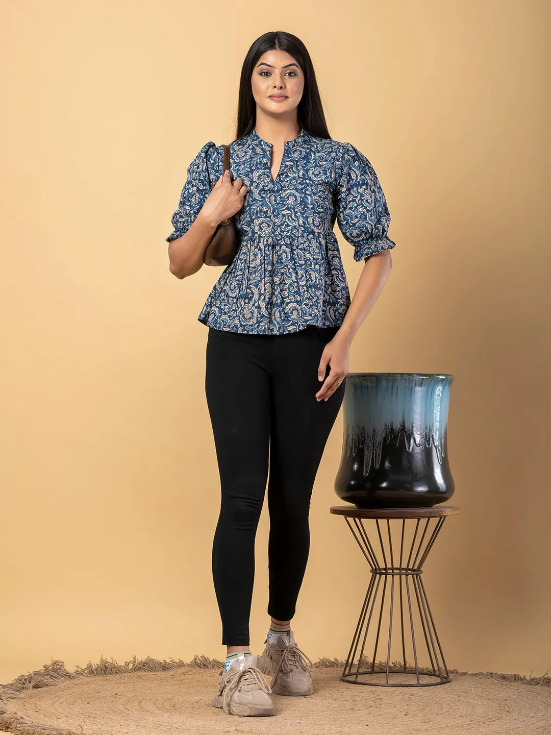 Jaitpuriya Women Blue And Beage Cotton Peplum Top