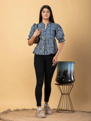 Jaitpuriya Women Blue And Beage Cotton Peplum Top