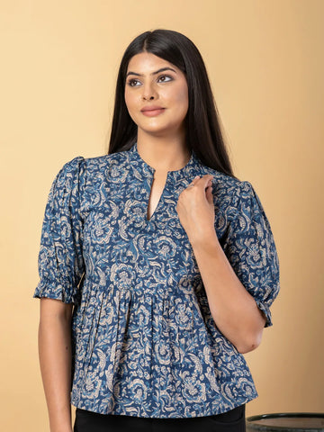 Jaitpuriya Women Blue And Beage Cotton Peplum Top